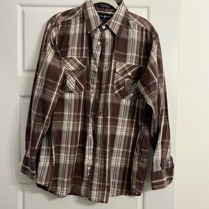 NWOT Beverly Hills polo club brown plaid cotton blend shirt size medium